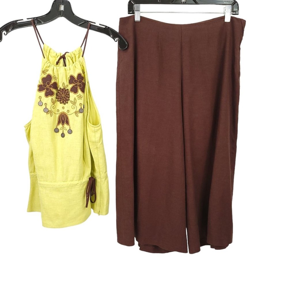Sangria 2 Piece Tank Top Wide Leg Capri Set Womens Size 14 Embroidered Coins